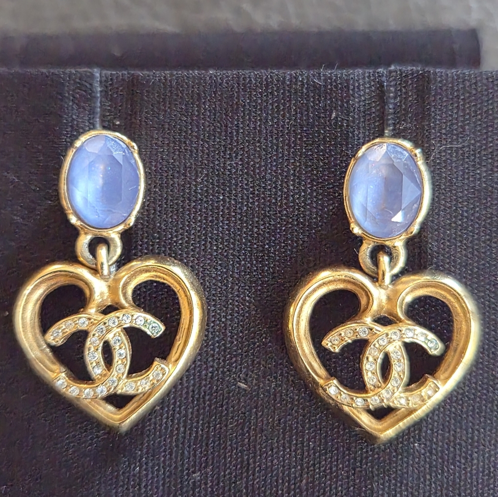 CHANEL 23C Blue & Clear Strass CC Gold Heart Drop Earrings